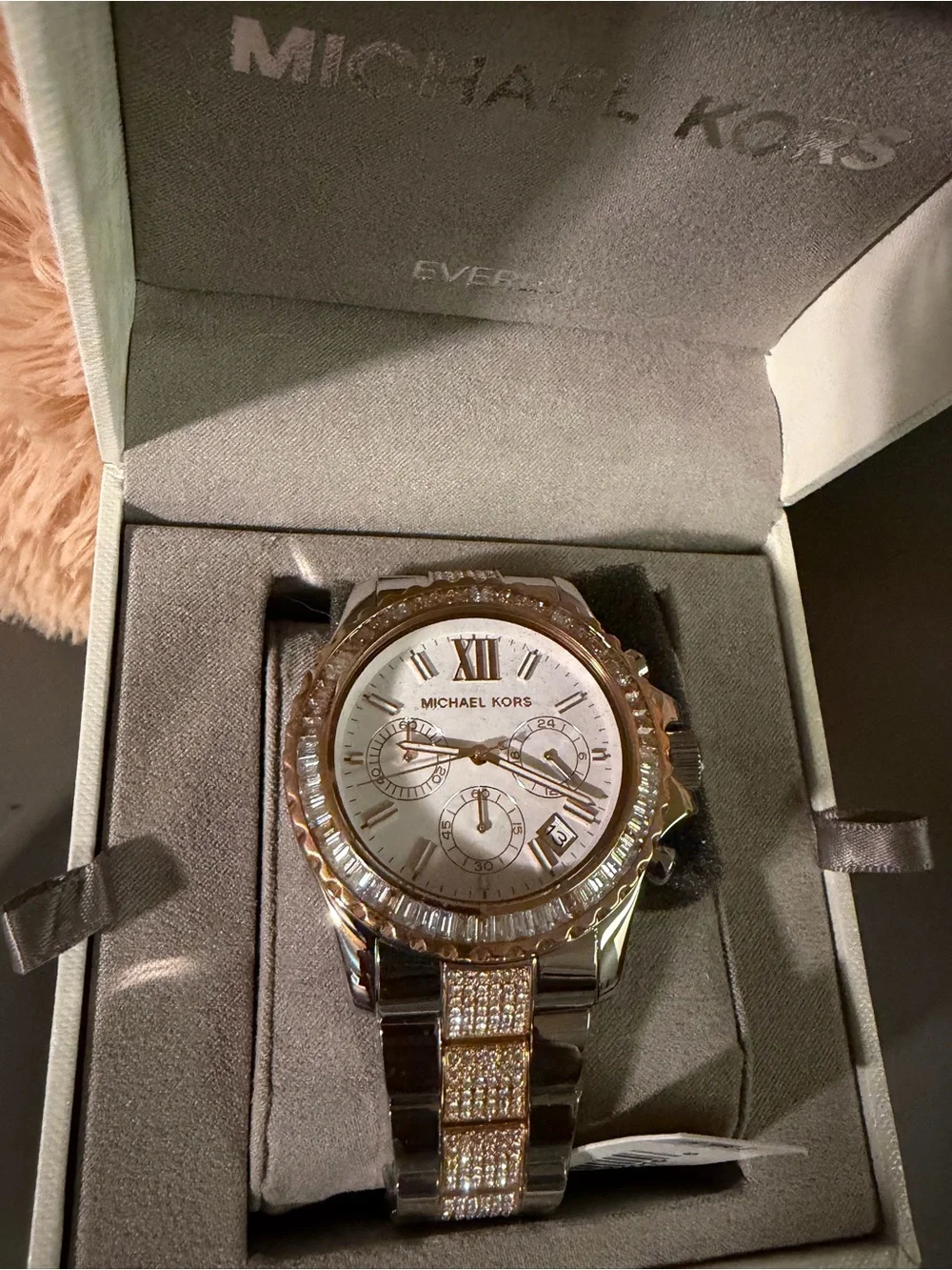 Michael Kors  Silver and Rose Gold Crystal Accent Chronograph Watch